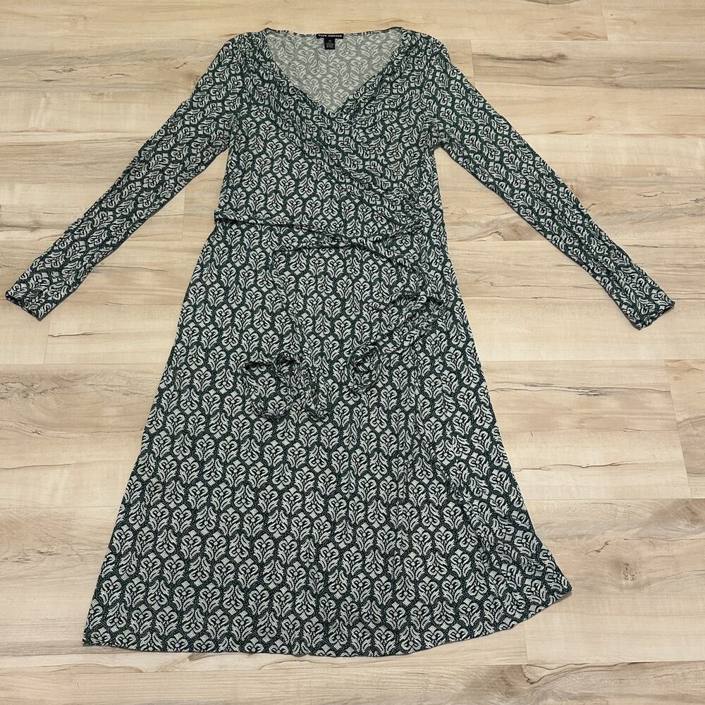 Club Monaco Green White Leaf Print Wrap‎ Dress Long Sleeve Tall L G